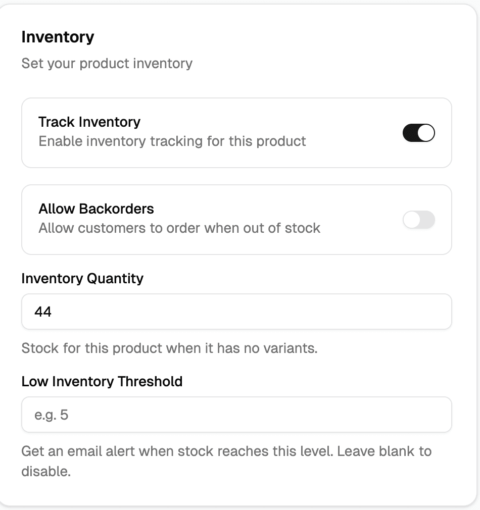 Product page showing the Inventory section with the Track Inventory toggle