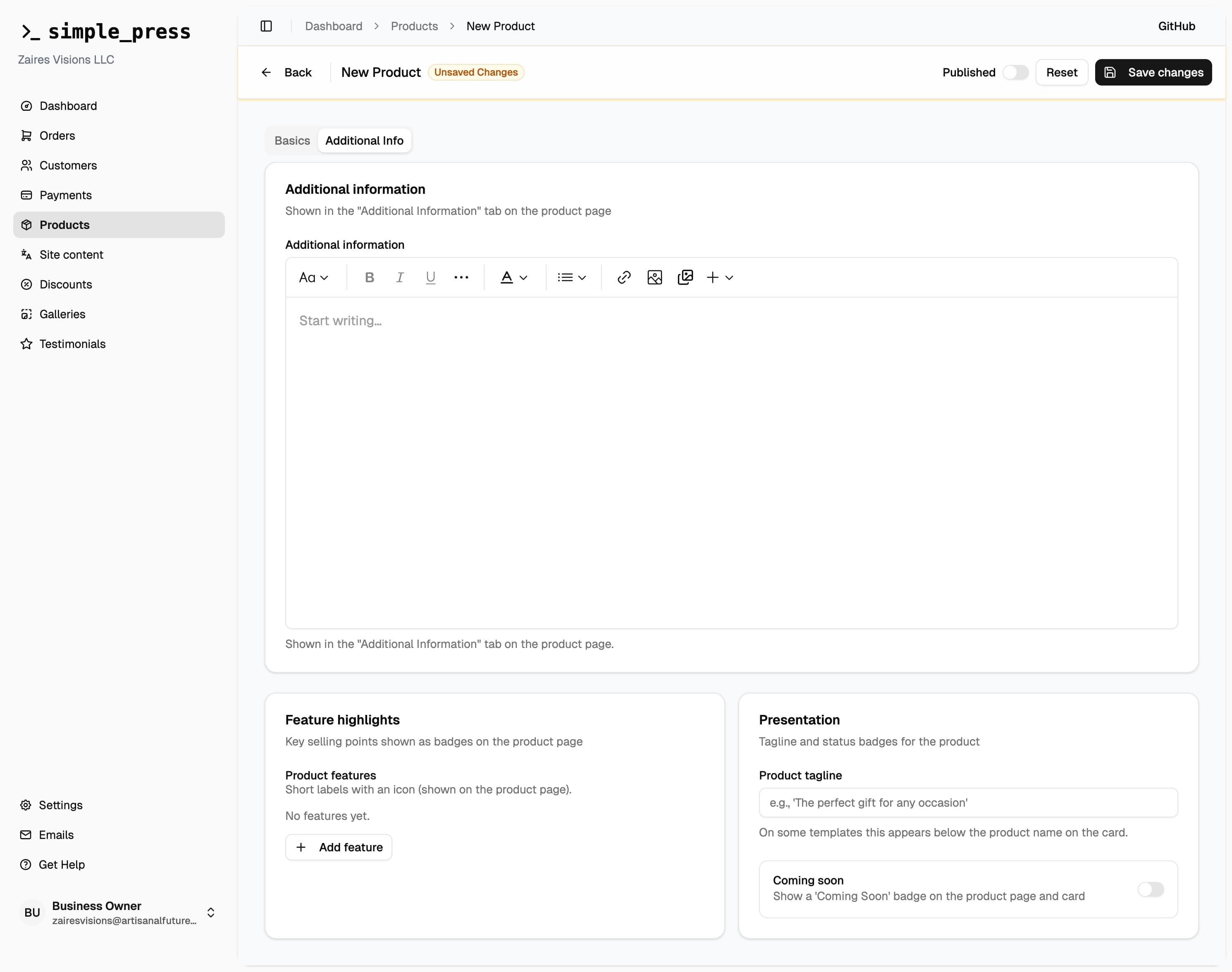 Screenshot of the additional information section with a rich text editor.