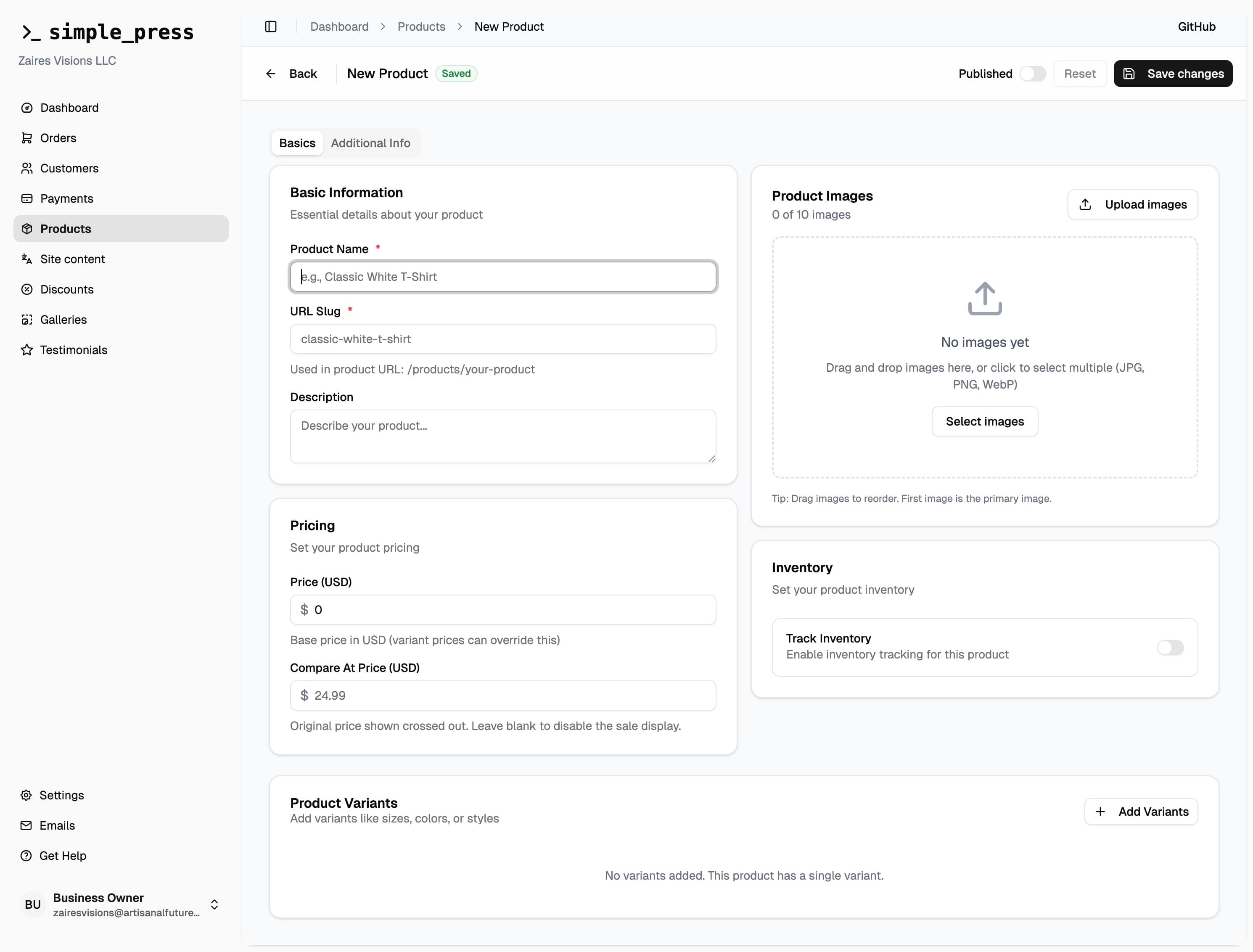 Screenshot of the New Product form with the Basics and Additional Info tabs.