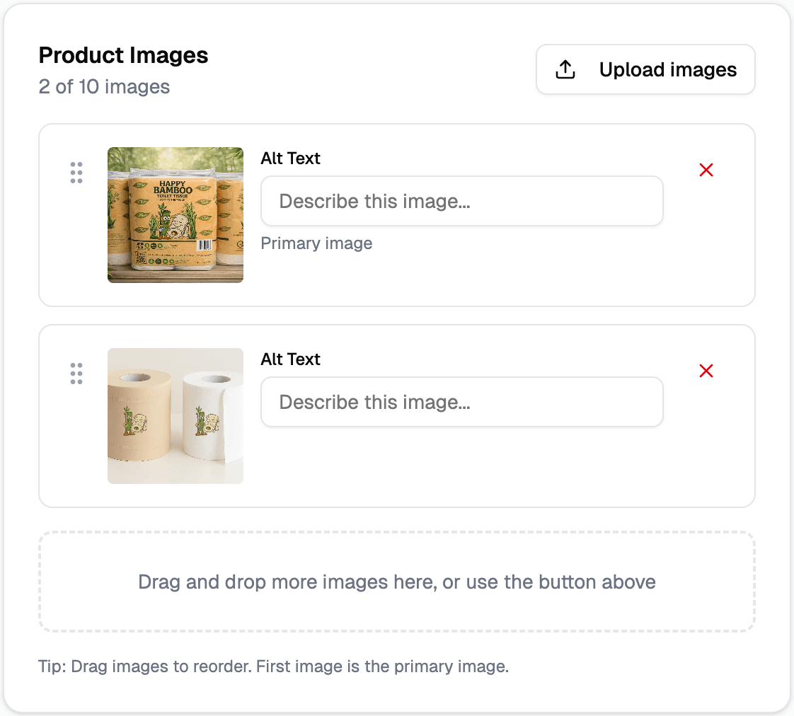 Screenshot of the image uploader with multiple images loaded and drag handles visible.