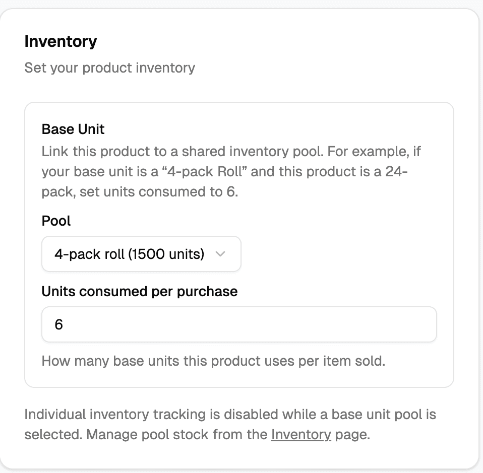 Product Inventory section showing the pool selector dropdown and units-consumed field