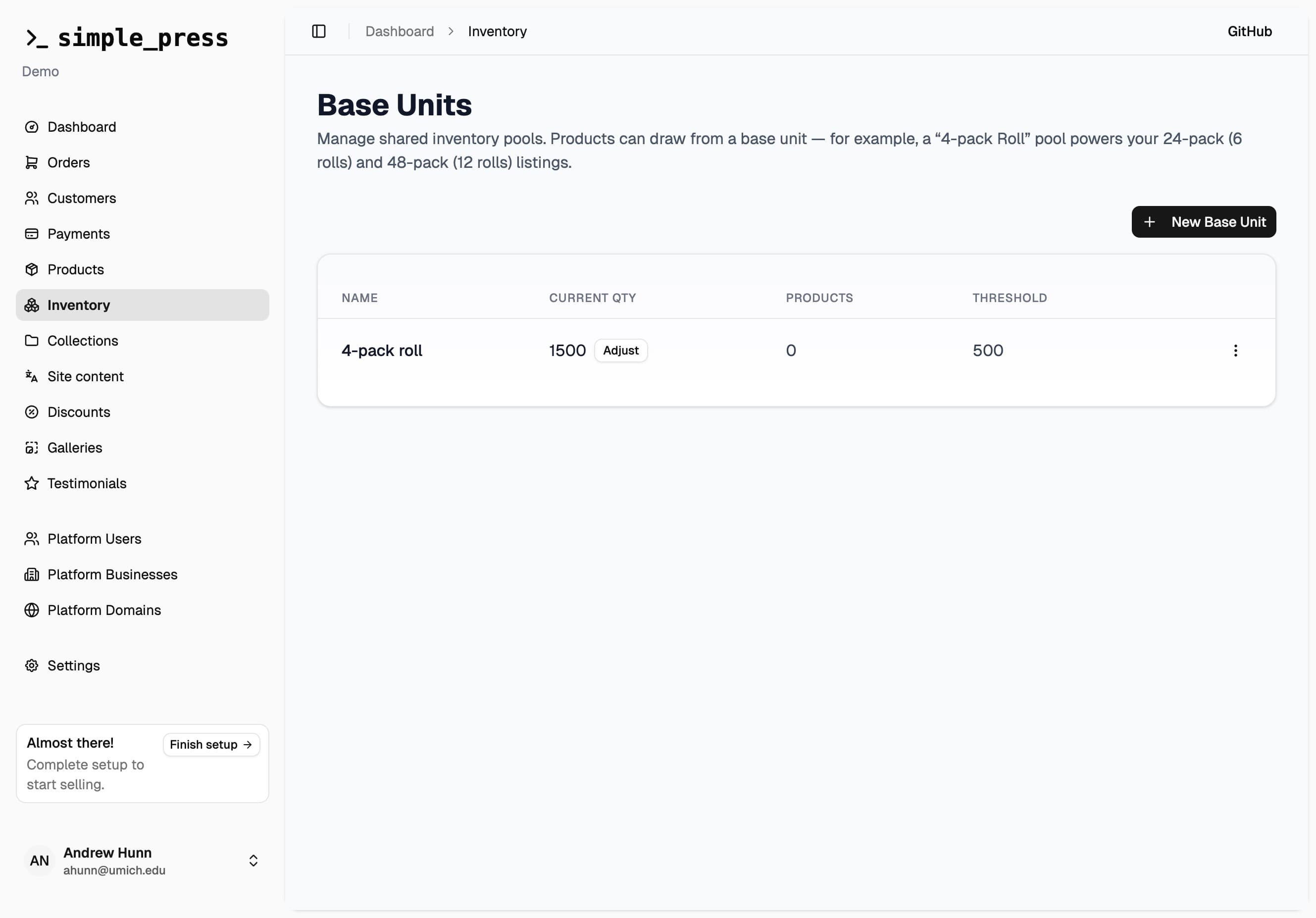 Inventory admin page showing the pool table with name, quantity, product count, threshold, and action buttons