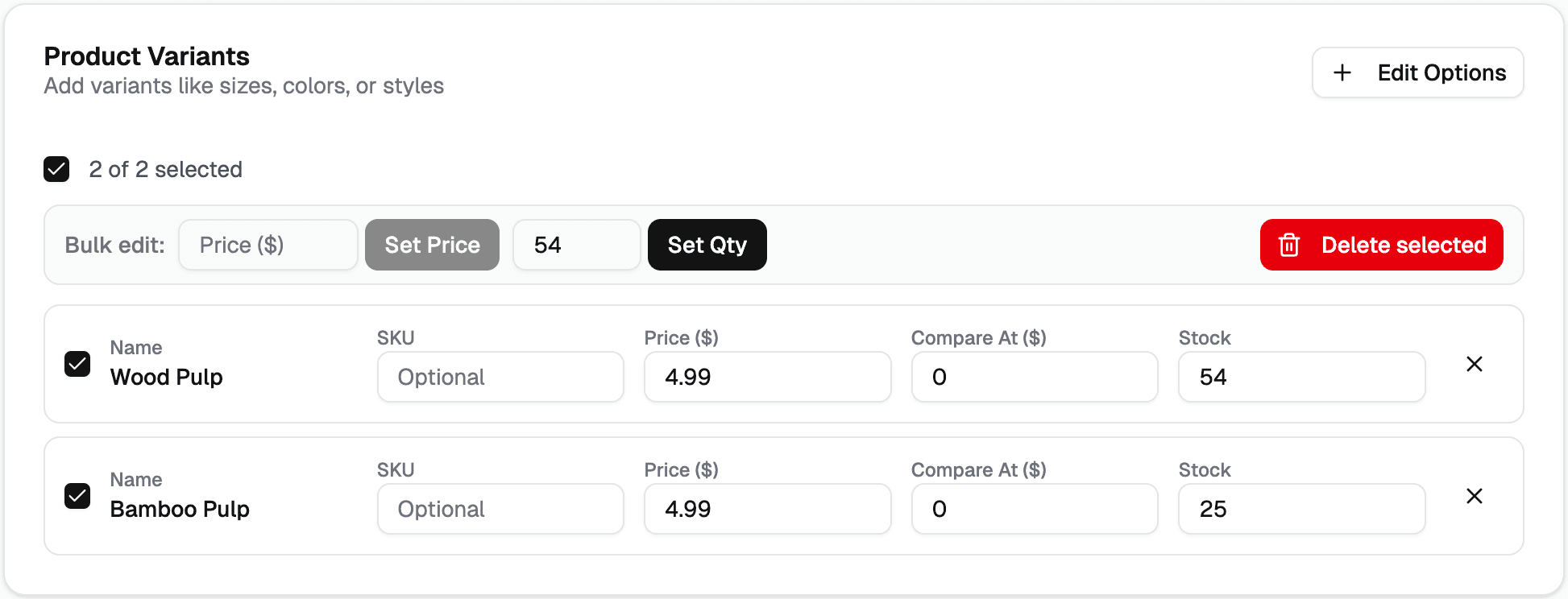 Variant manager showing individual inventory quantity fields and bulk-select checkboxes